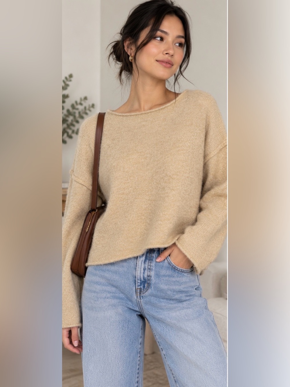 Zara Beige Wool Blend Sweater Oversized Boxy Drop Shoulder Relaxed Knit Small